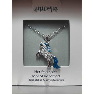 Silver Unicorn necklace with blue clear rhinestone